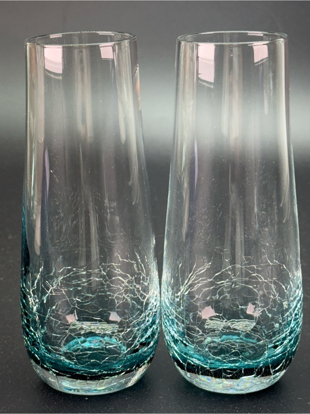 Vintage Pier 1 Teal Blue Crackle Glass 
Stemless Champagne Mimosa Glasses